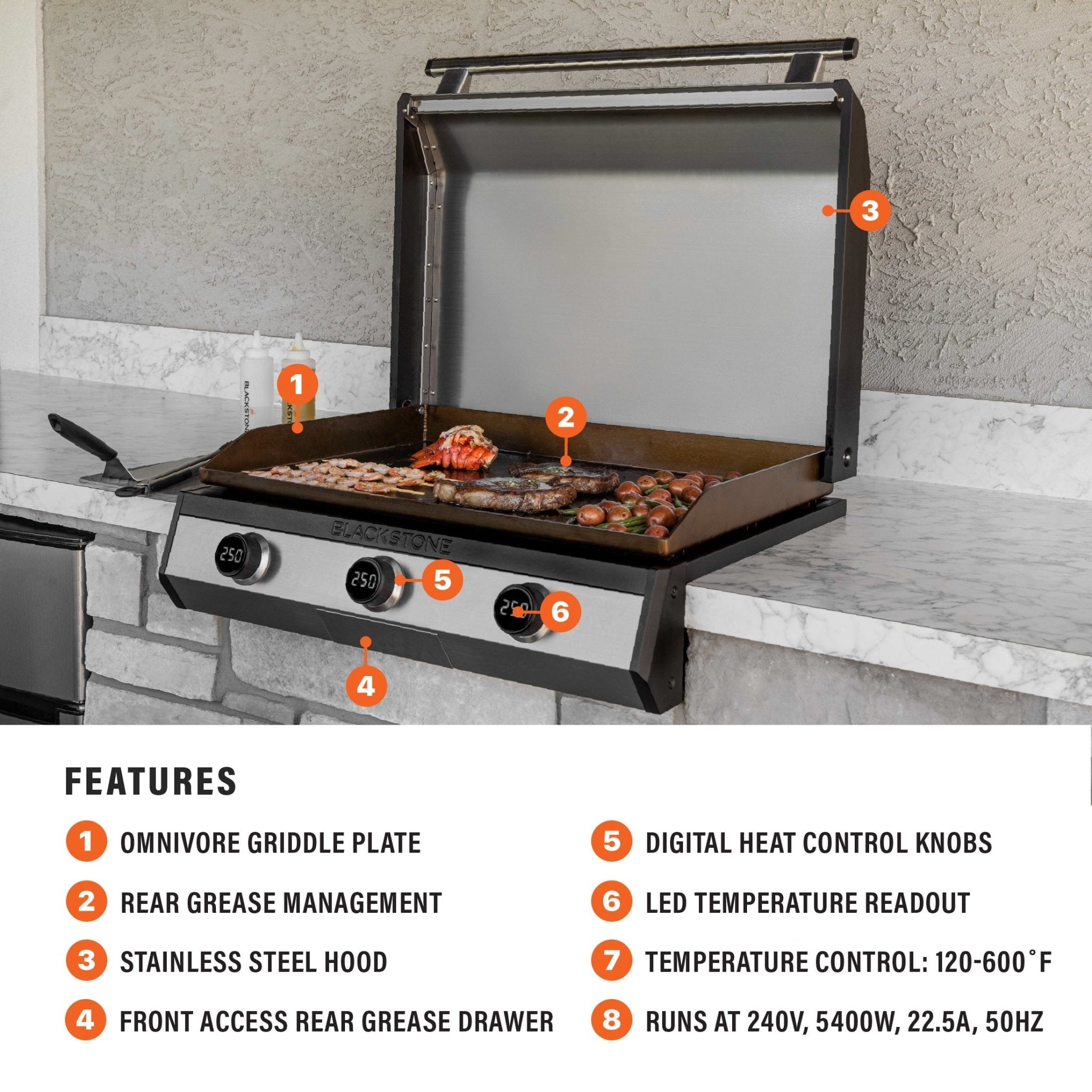 Blackstone — 30" Electric Drop‑In Griddle w/ Hood (240V) 8010