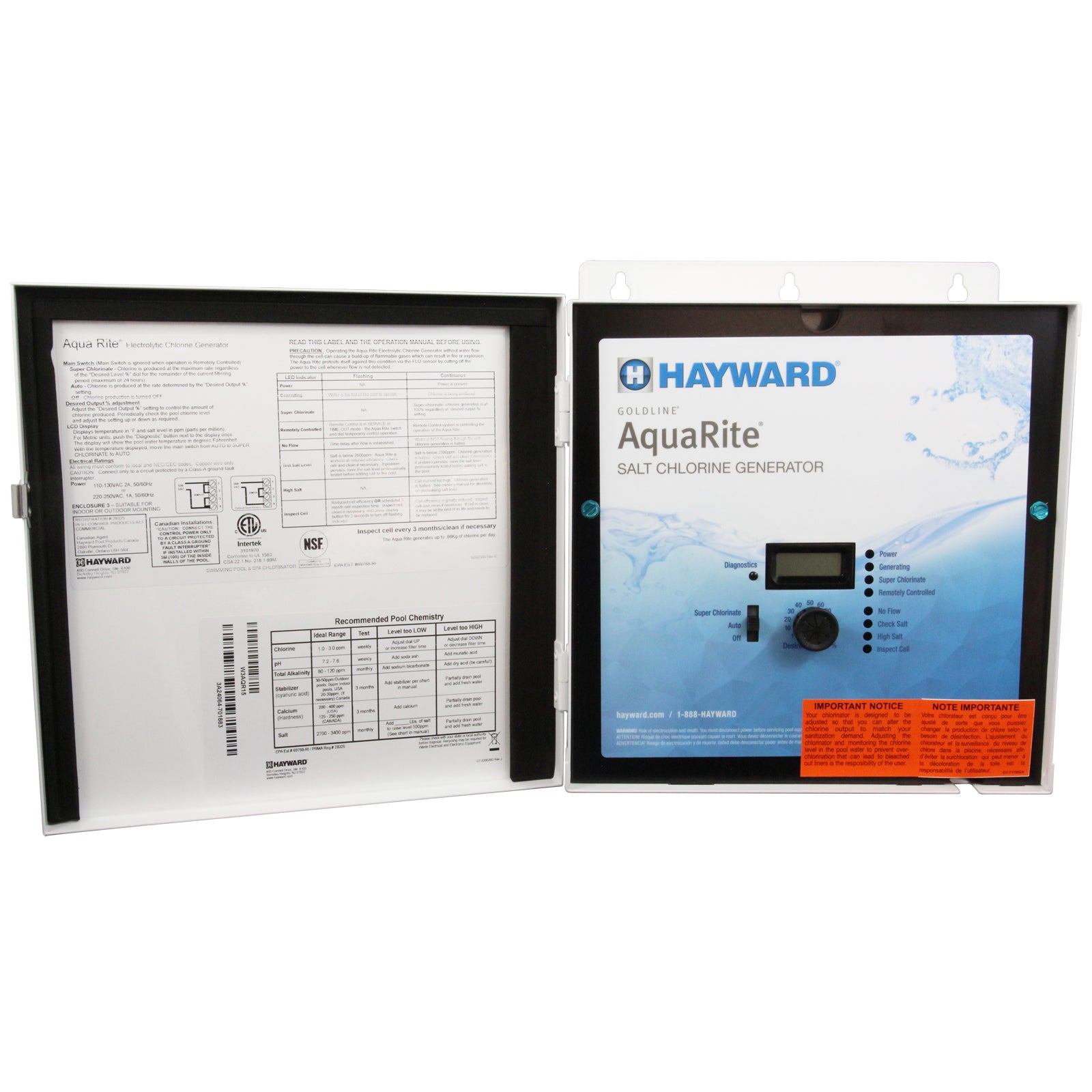 Hayward W3AQR15 Salt Chlorine Generator, Hayward AquaRite, 40K, w/ TCell