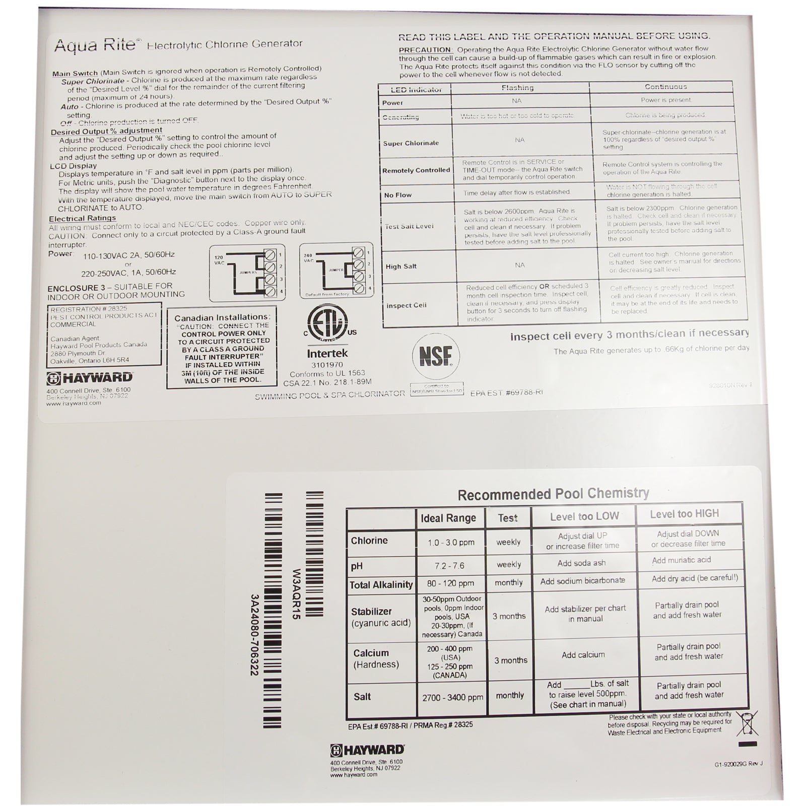 Hayward W3AQR15 Salt Chlorine Generator, Hayward AquaRite, 40K, w/ TCell