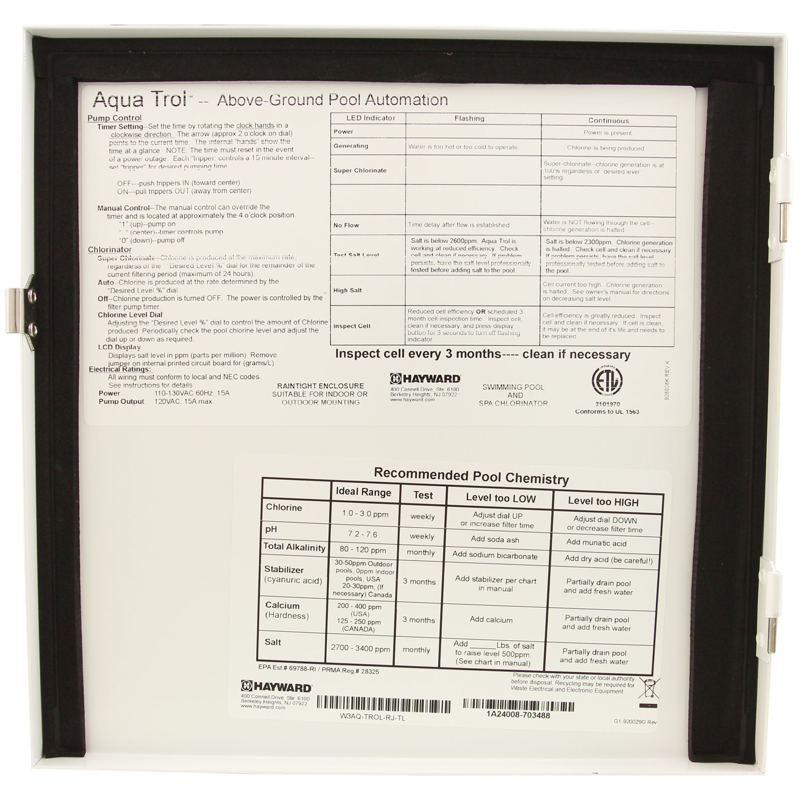 Hayward — Salt Chlorine Generator, Hayward AquaTrol RJ-TL