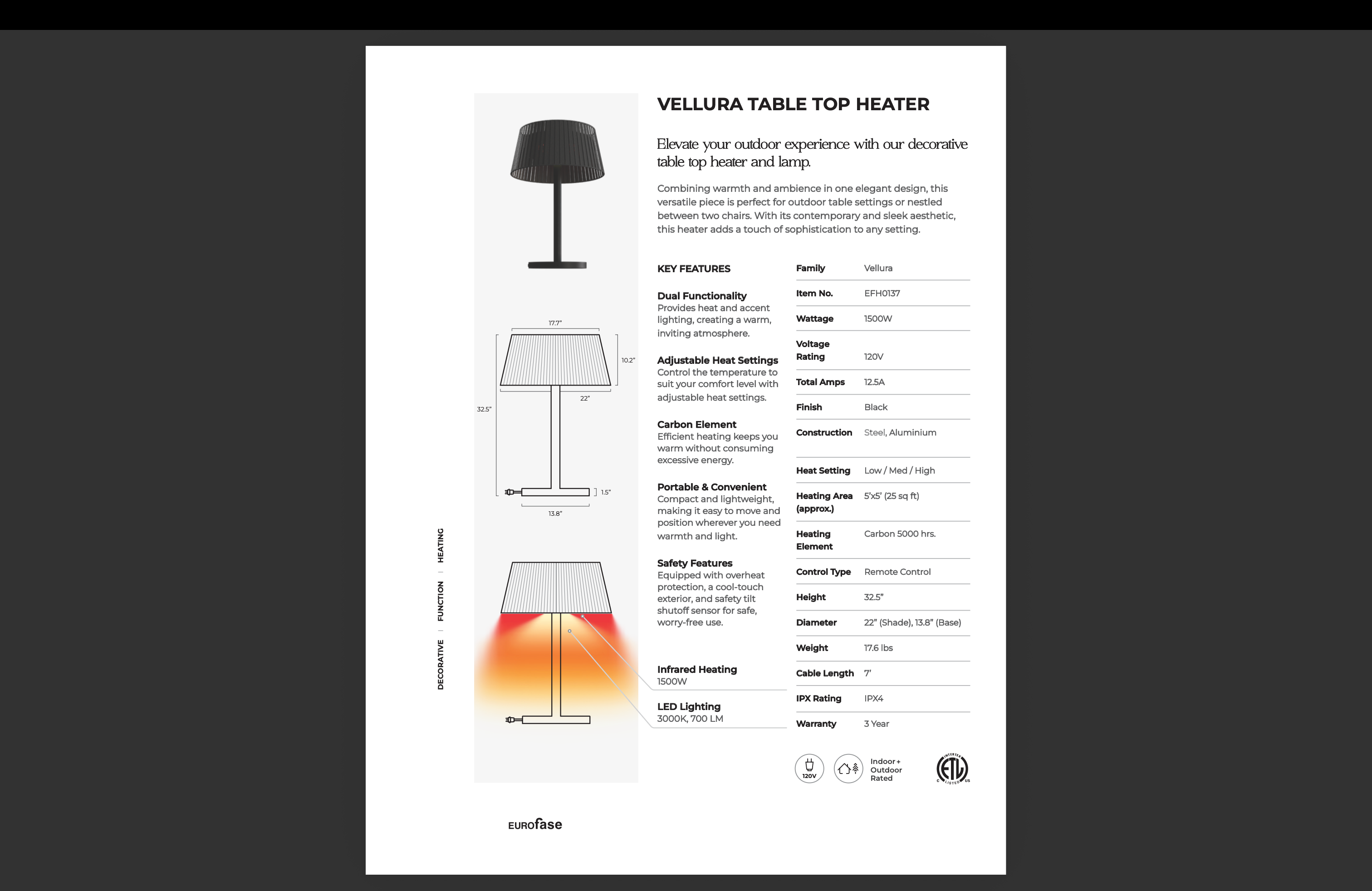 Eurofase Vellura Tabletop Heater and Light - EFH0137